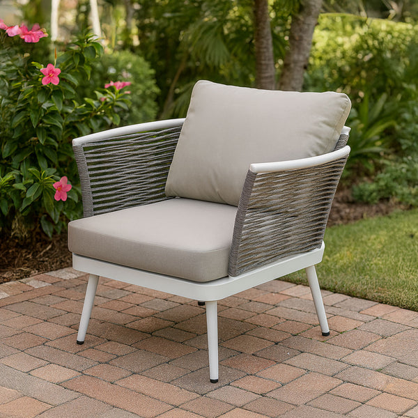 Watsons Bay White Aluminium Outdoor Armchair – Beige Rope and Cushions