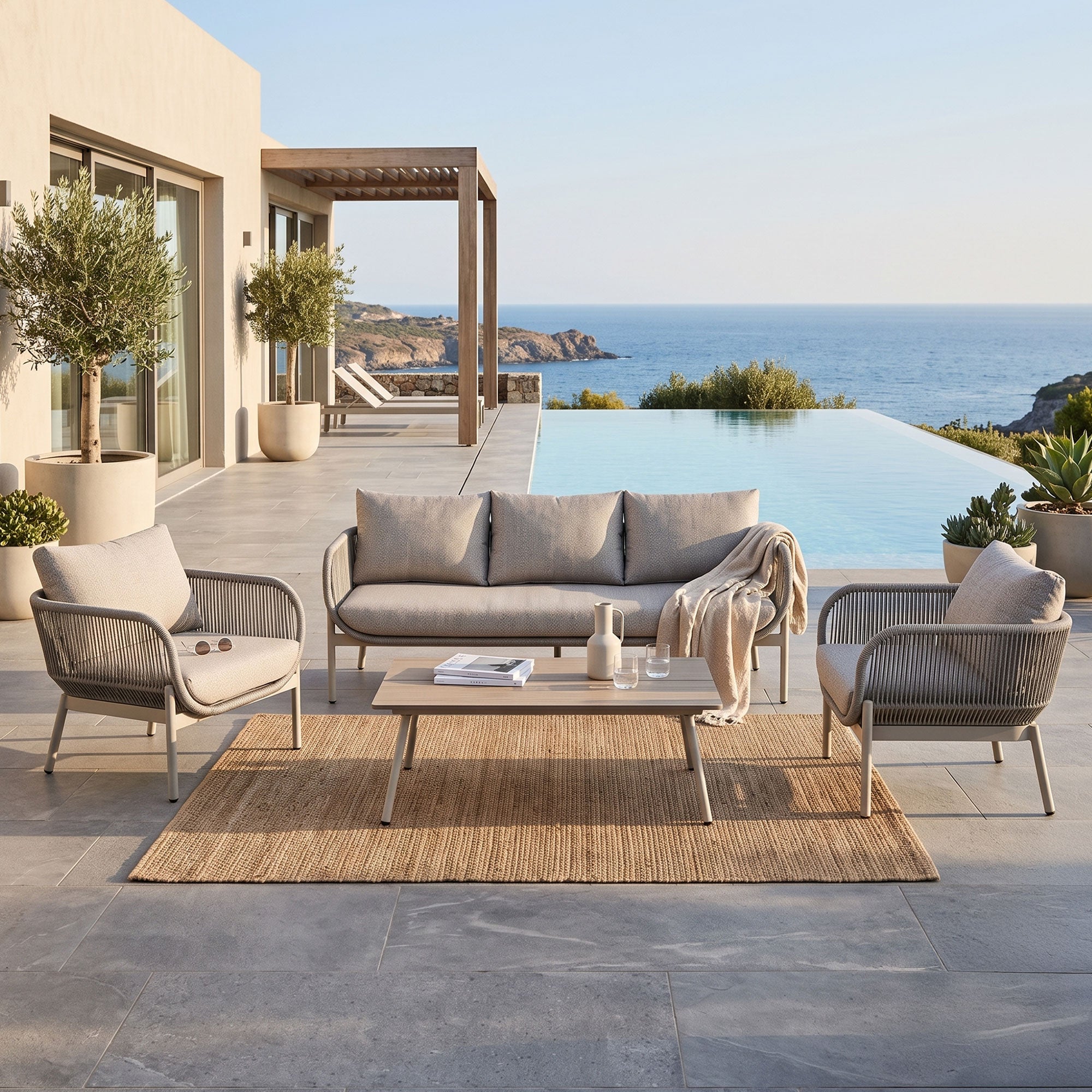 Monaco 5 Seater Champagne Aluminium Sofa Lounge Set - Light Beige Cushions