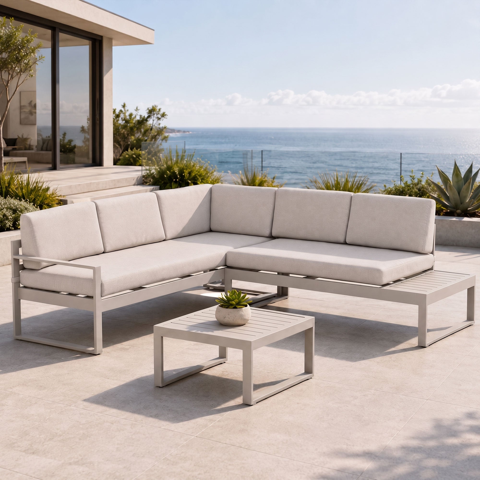 Milano Champagne Aluminium Sofa Lounge Set - Light Beige Cushions