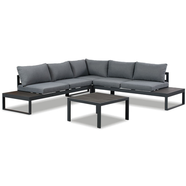 Hampton Charcoal Aluminium Sofa Lounge Set (Timber Table Top) - Grey Cushion