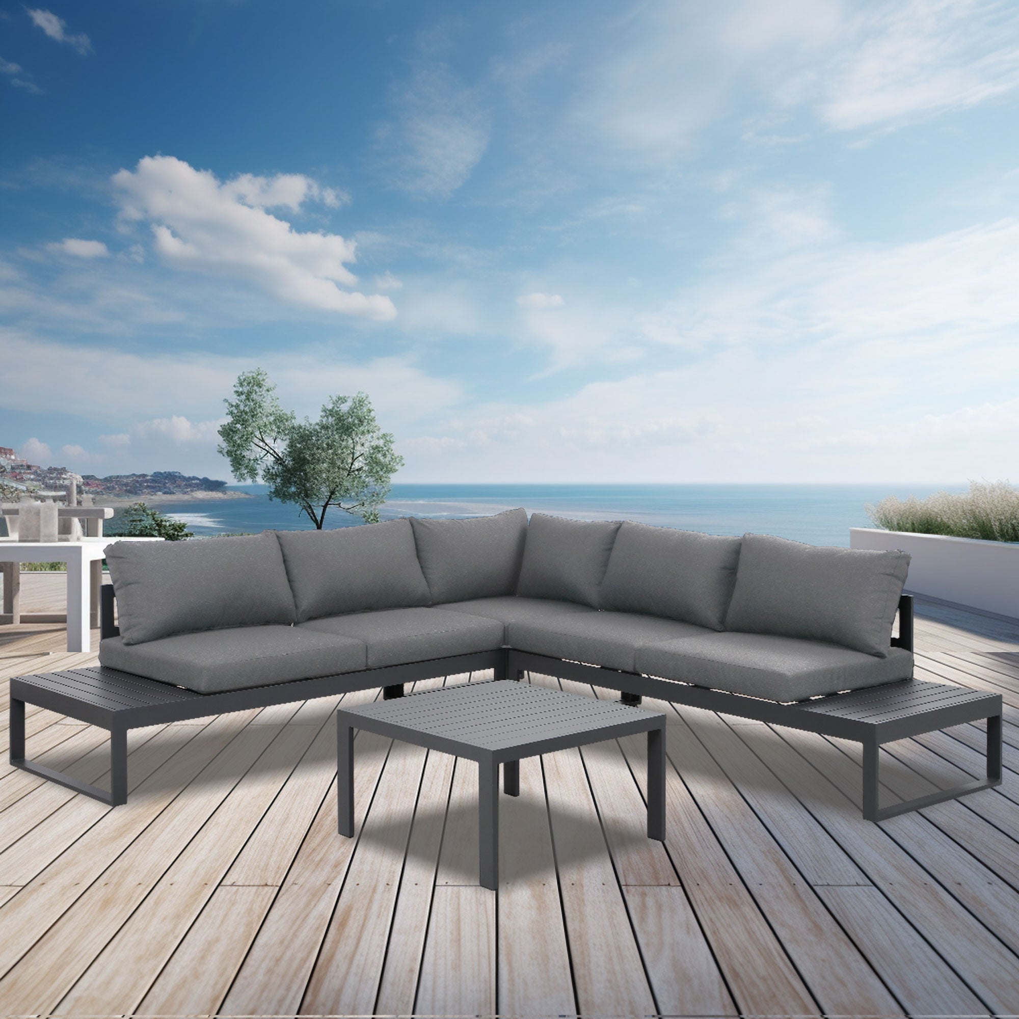 Hampton Charcoal Aluminium Sofa Lounge Set - Grey Cushion