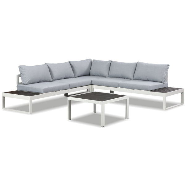 Hampton White Aluminium Sofa Lounge Set (Timber Table Top) - Light Grey Cushion