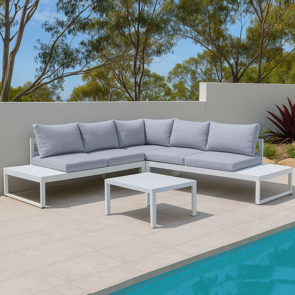 Hampton White Aluminium Sofa Lounge Set - Cloud Grey Cushion