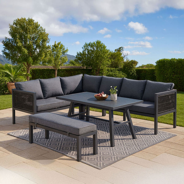 Malibu 2-in-1 Charcoal L-Shaped Sofa Lounge Dining Set with Bench – Dark Grey Cushions