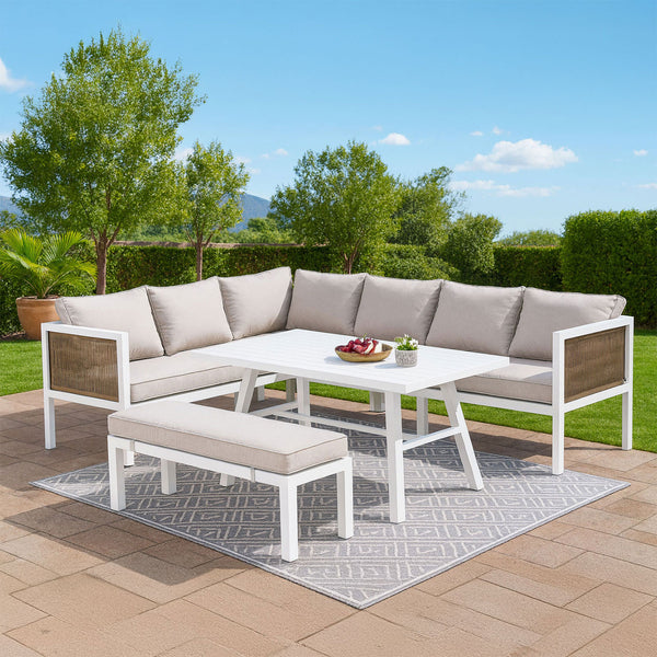 Malibu 2-in-1 White L-Shaped Sofa Lounge Dining Set with Bench – Sand Beige Cushions