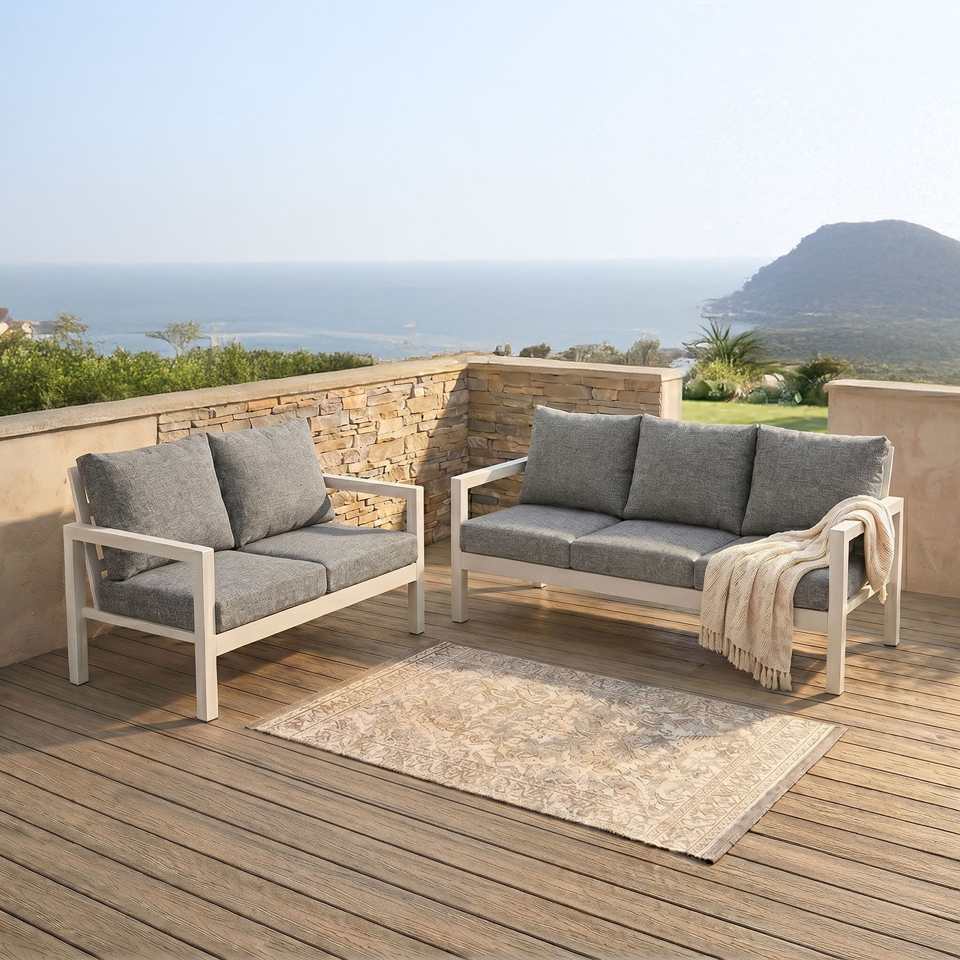 Manly 3+2 Seater White Aluminium Sofa Lounge - Textured Grey Cushions
