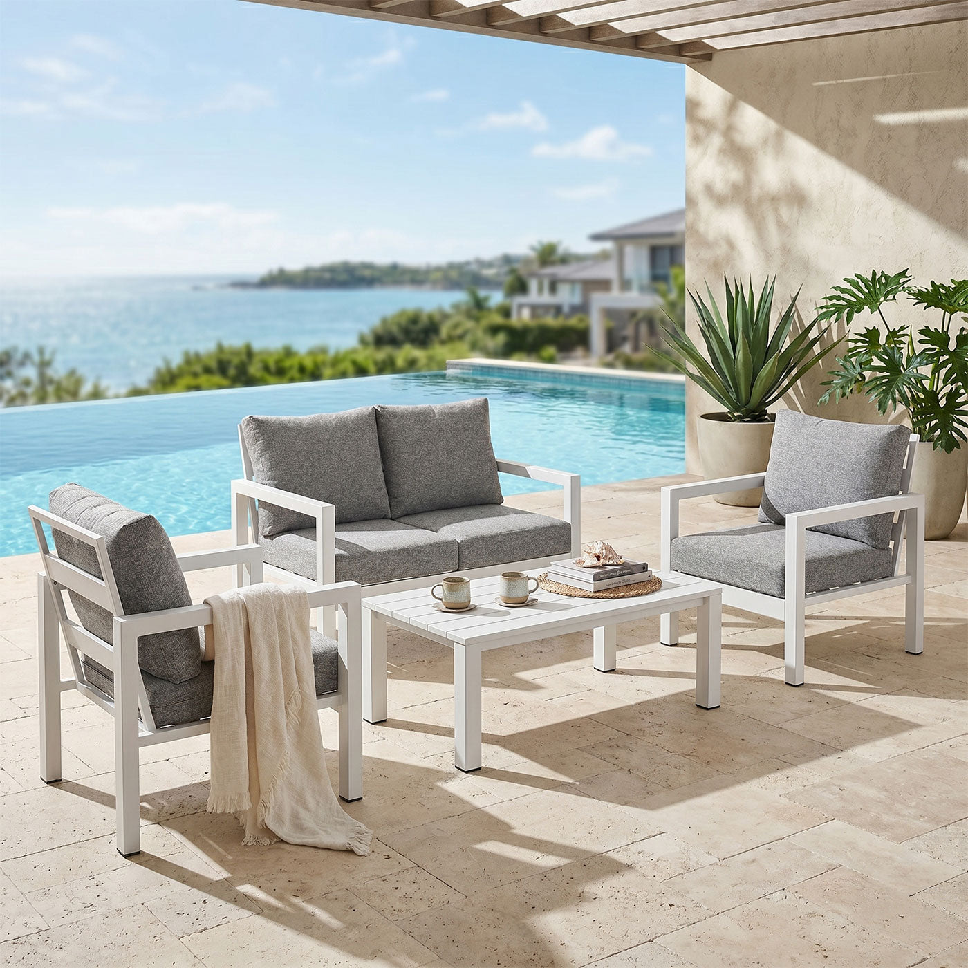 Manly 4 Seater White Aluminium Sofa Lounge Set - Textured Grey Cushions
