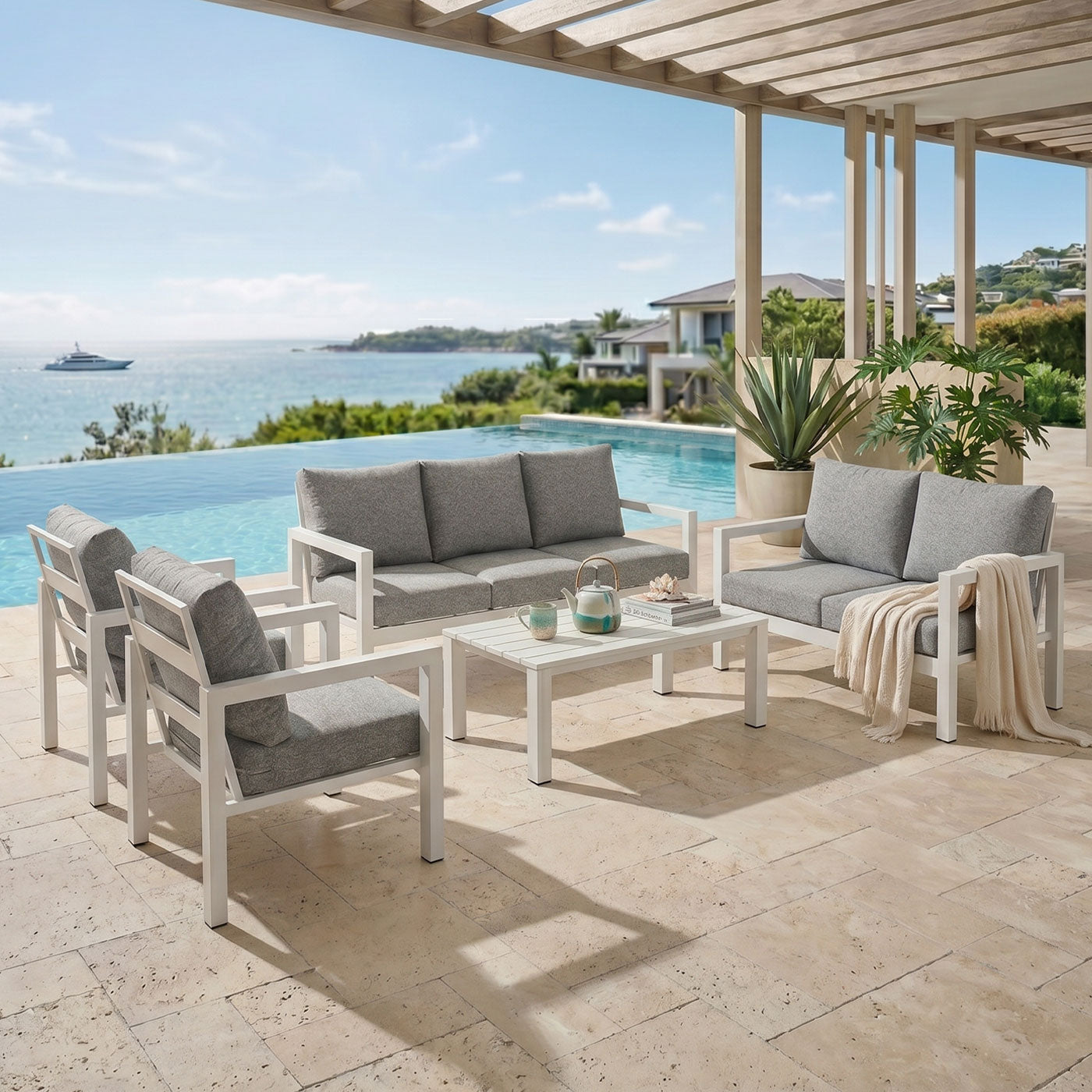 Manly 7 Seater White Aluminium Sofa Lounge Set - Textured Grey Cushions