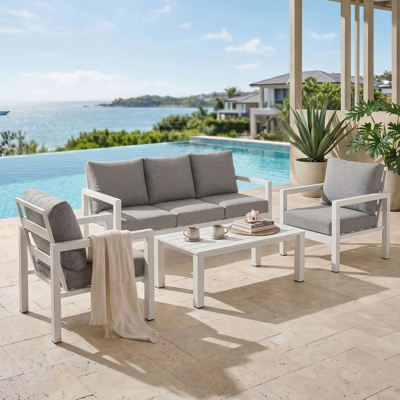 Manly 5 Seater White Aluminium Sofa Lounge Set - Textured Grey Cushions