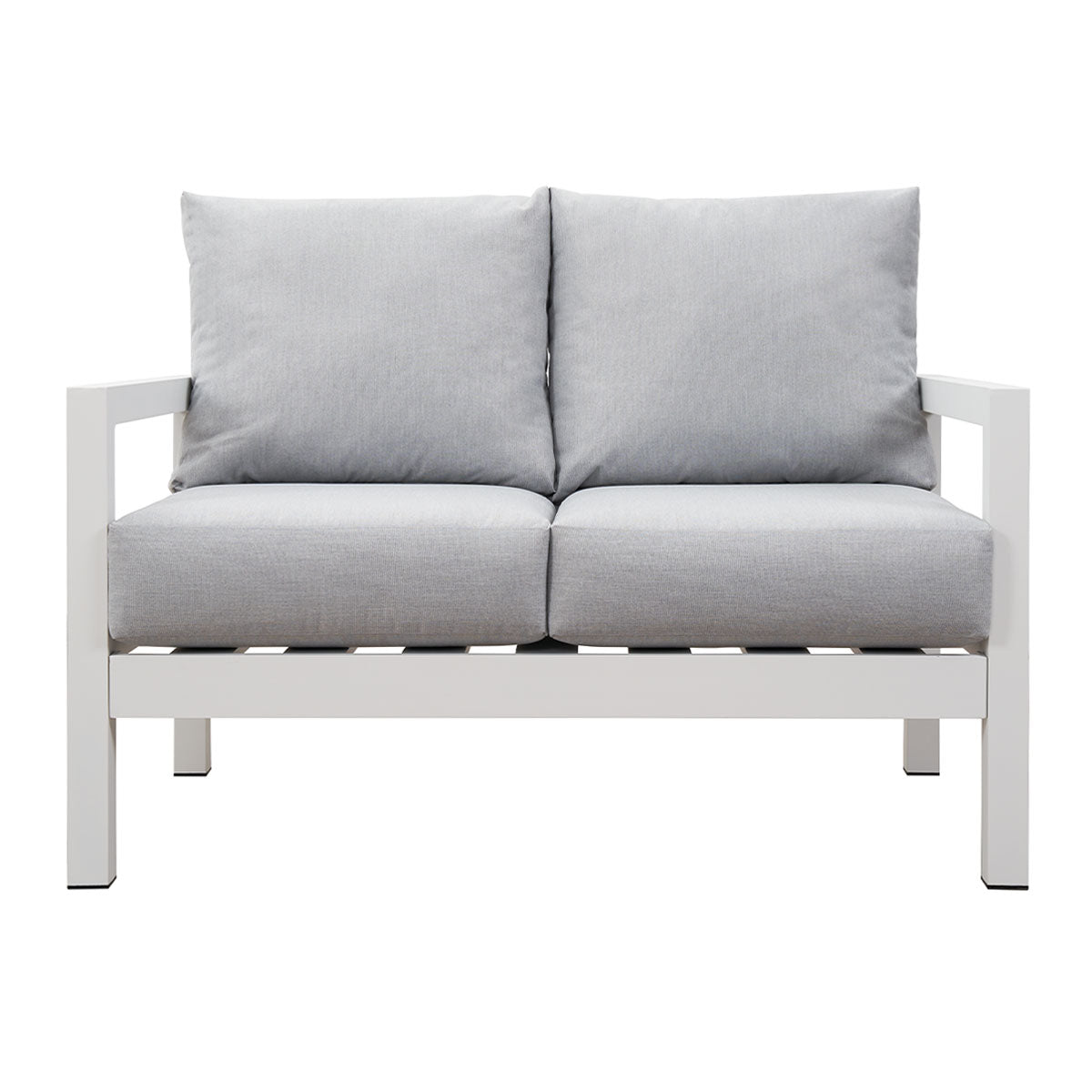 Coogee 2 Seater White Aluminium Outdoor Sofa Lounge with Arms - Light Grey Cushion