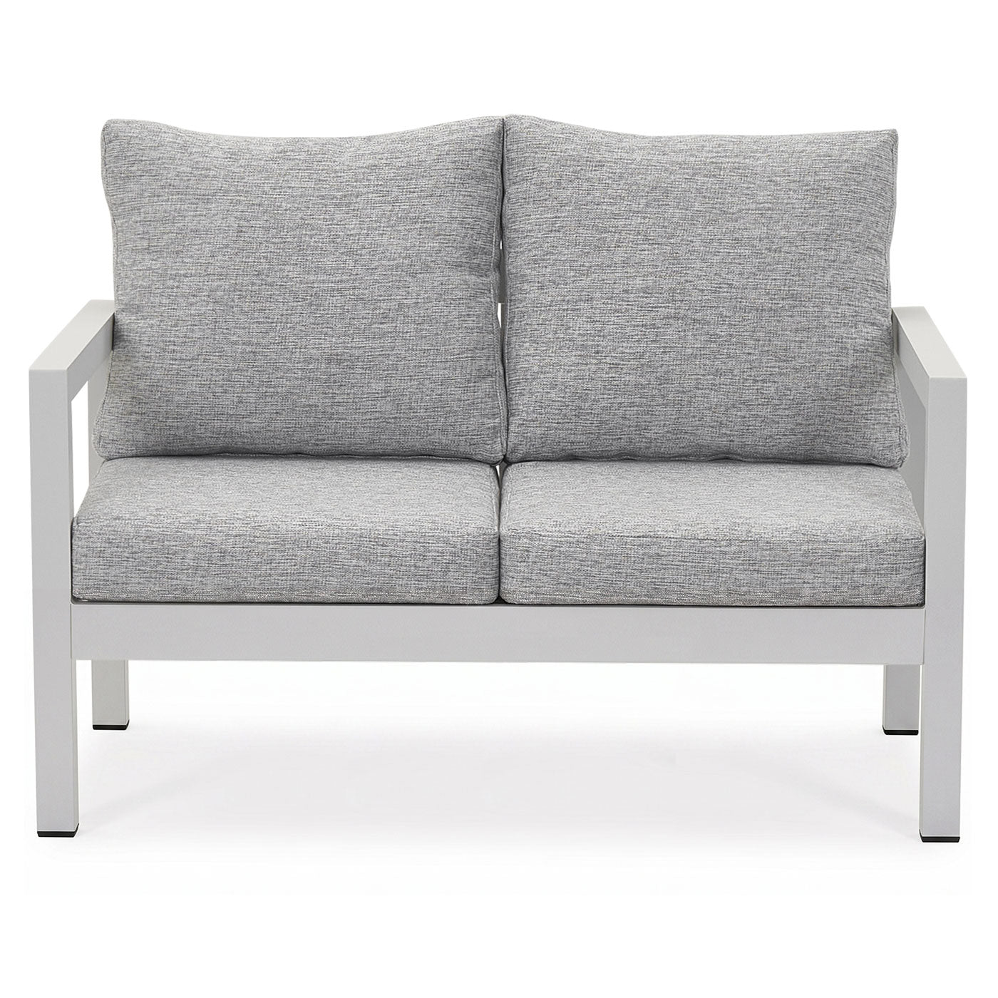 Manly 2 Seater White Aluminium Outdoor Sofa - Light Textured Grey Cushions