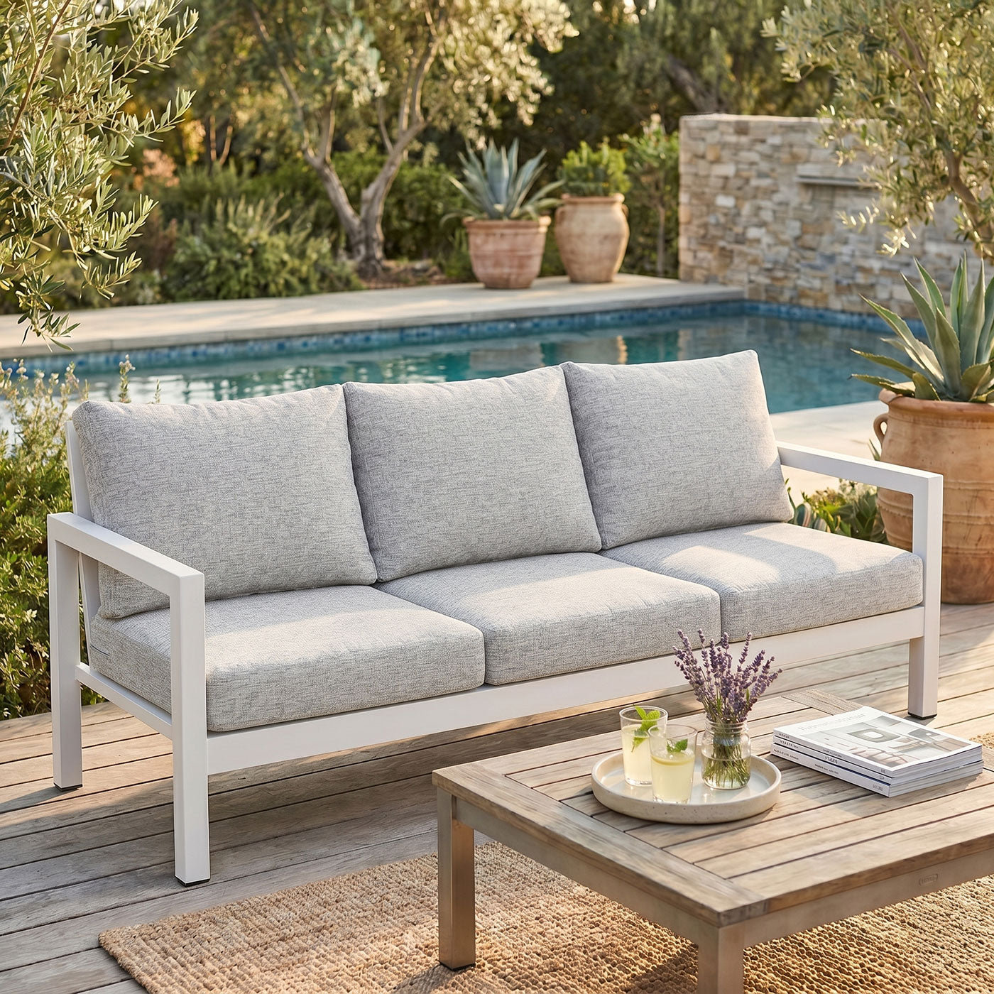 Manly 3 Seater White Aluminium Outdoor Sofa Lounge - Light Textured Grey Cushions