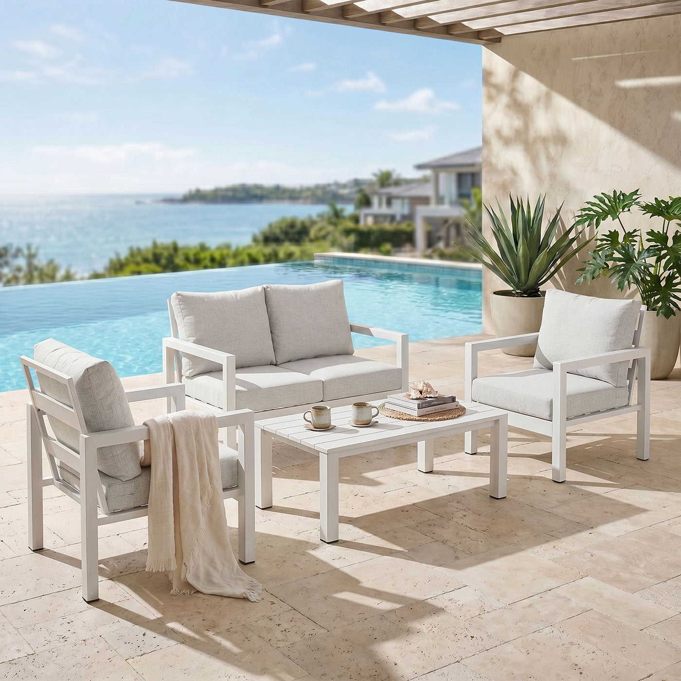Manly 4 Seater White Aluminium Sofa Lounge Set - Light Textured Grey Cushions