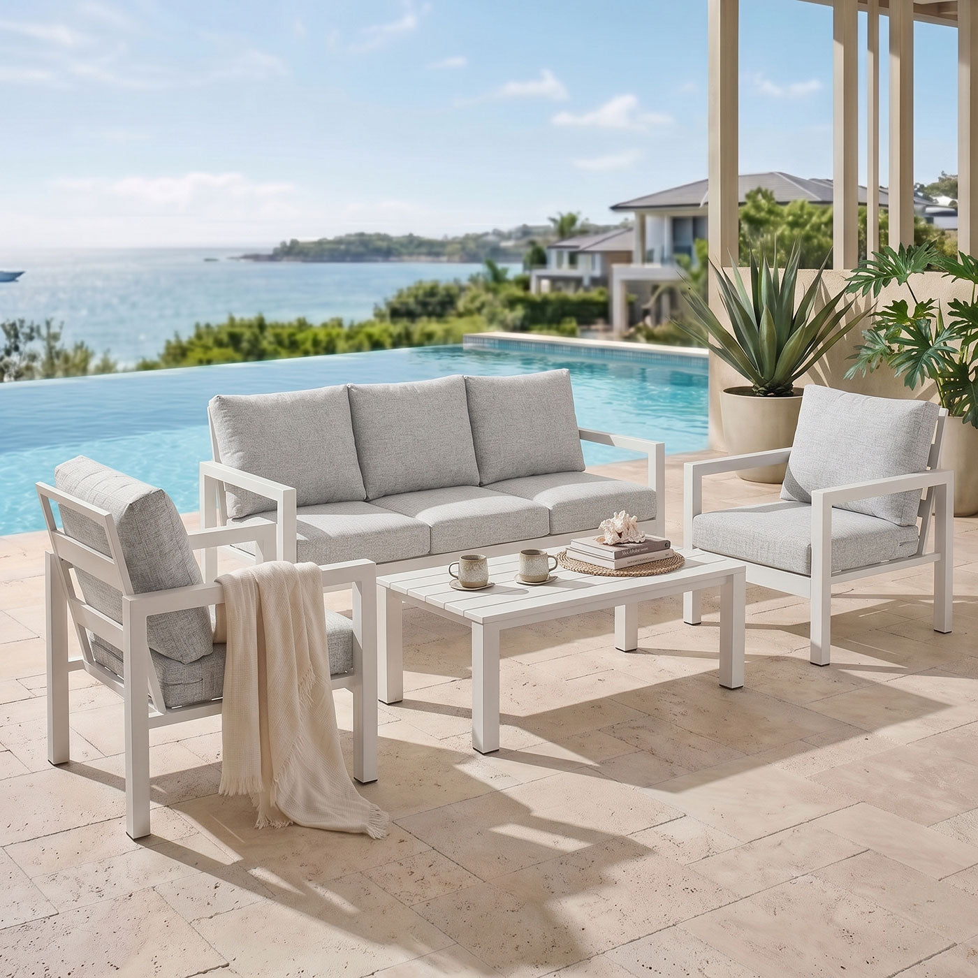 Manly 5 Seater White Aluminium Sofa Lounge Set - Light Textured Grey Cushions