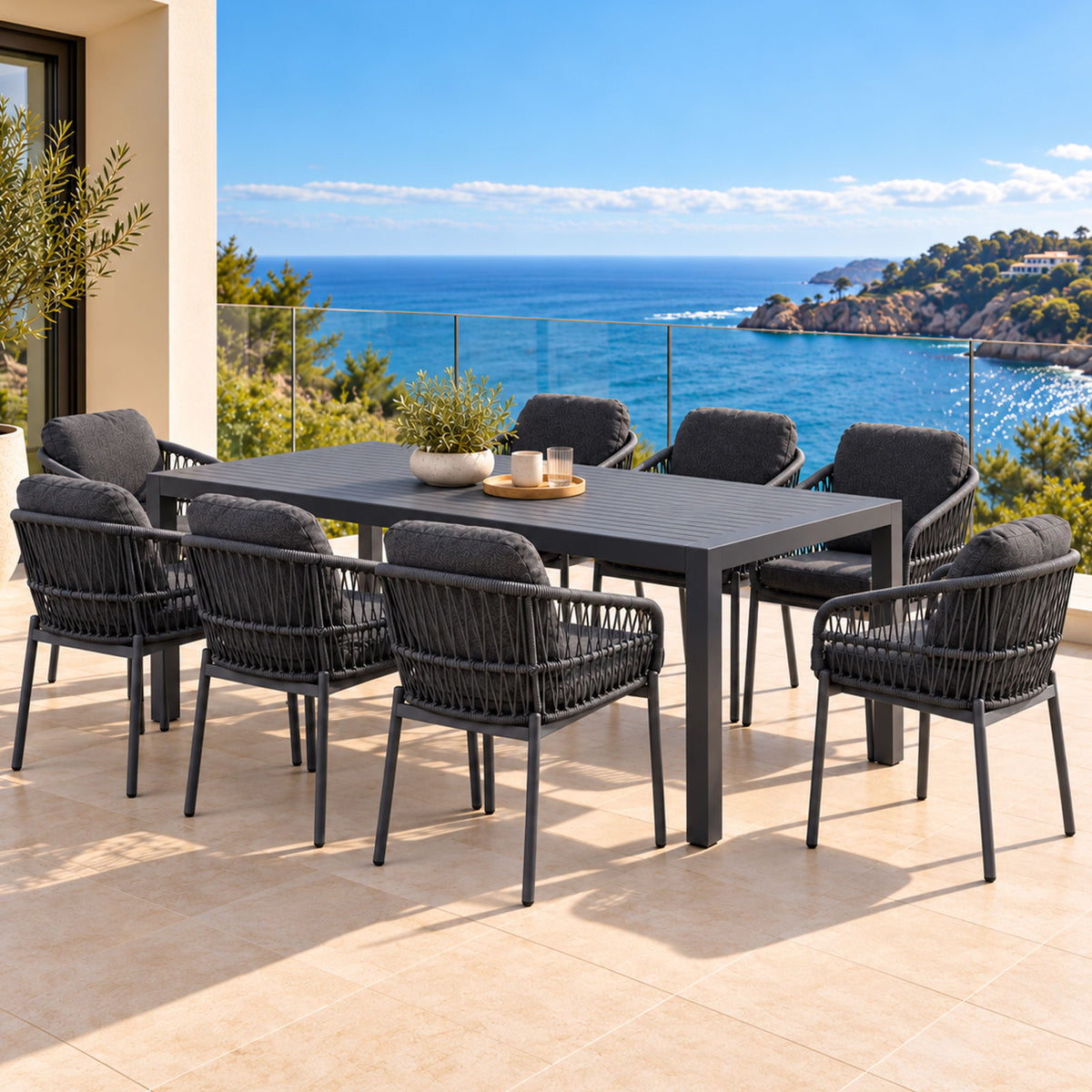 Clayton & Bali 9-Piece Charcoal Aluminium Outdoor Dining Set - Dark Grey Cushions