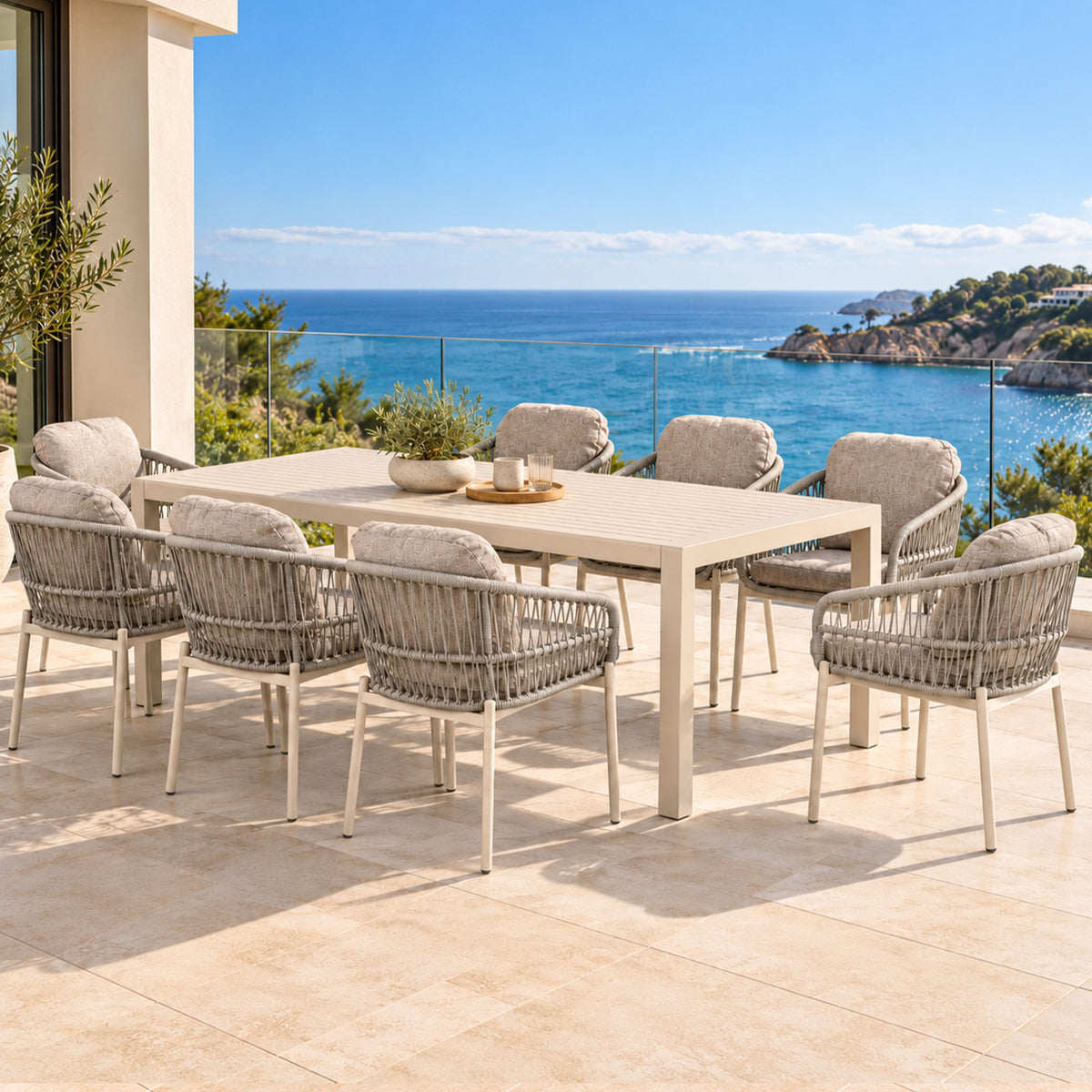 Clayton & Bali 9-Piece Champagne Aluminium Outdoor Dining Set - Beige Cushions