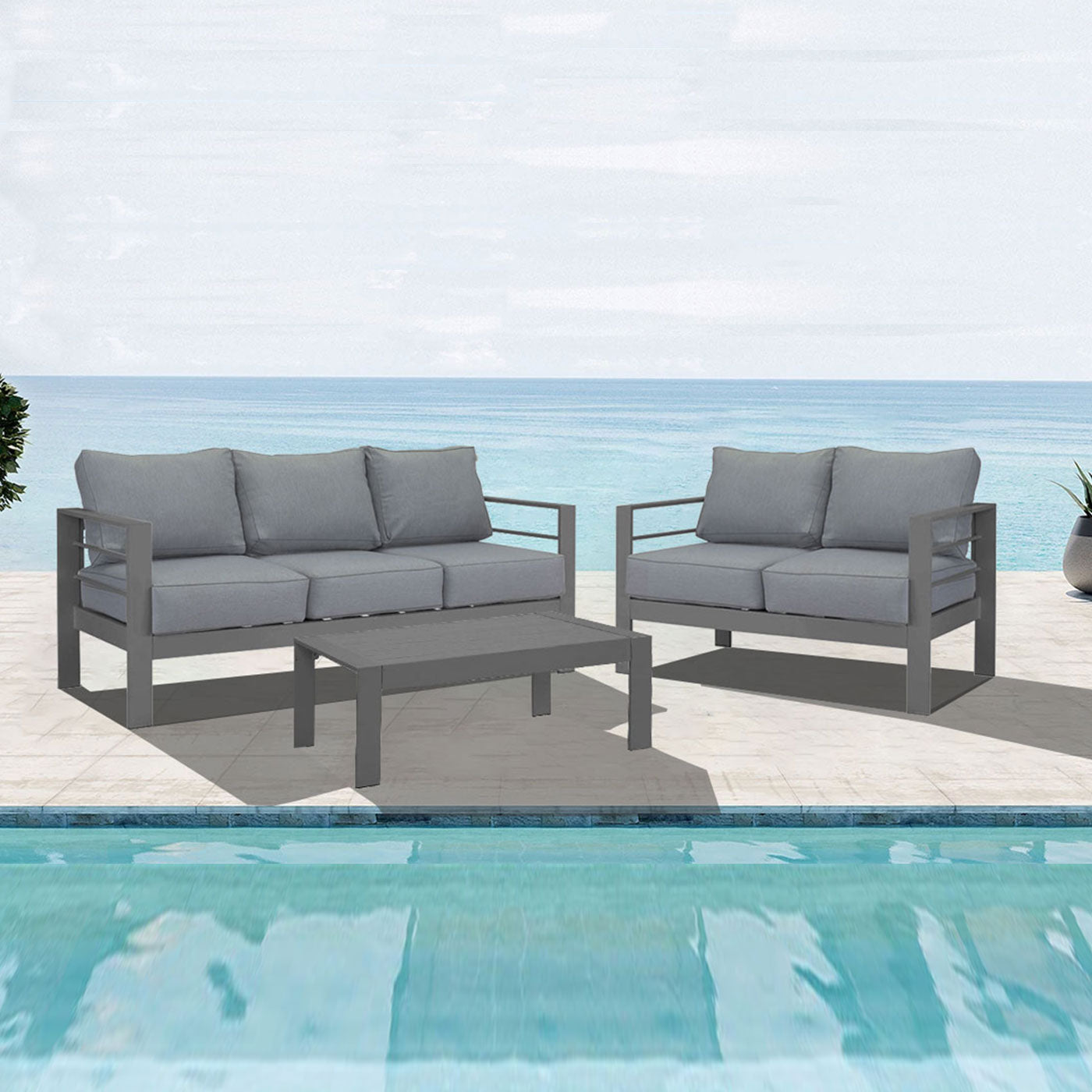 Paris 3+2 Seater Charcoal Aluminium Sofa Lounge Suite Set - Grey Cushion