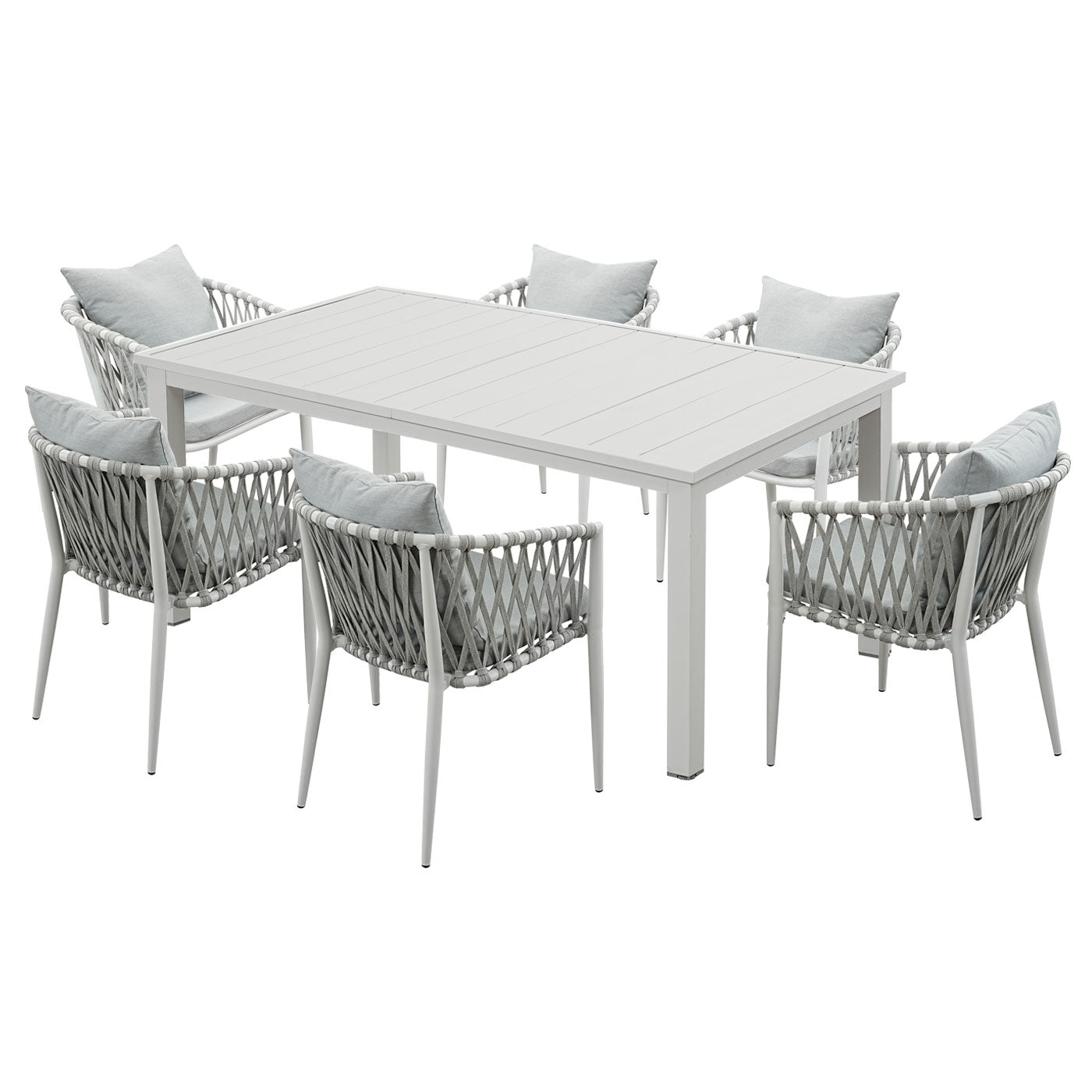 Mornington 7-Piece White Aluminium Outdoor Dining Set - Light Grey Cushion