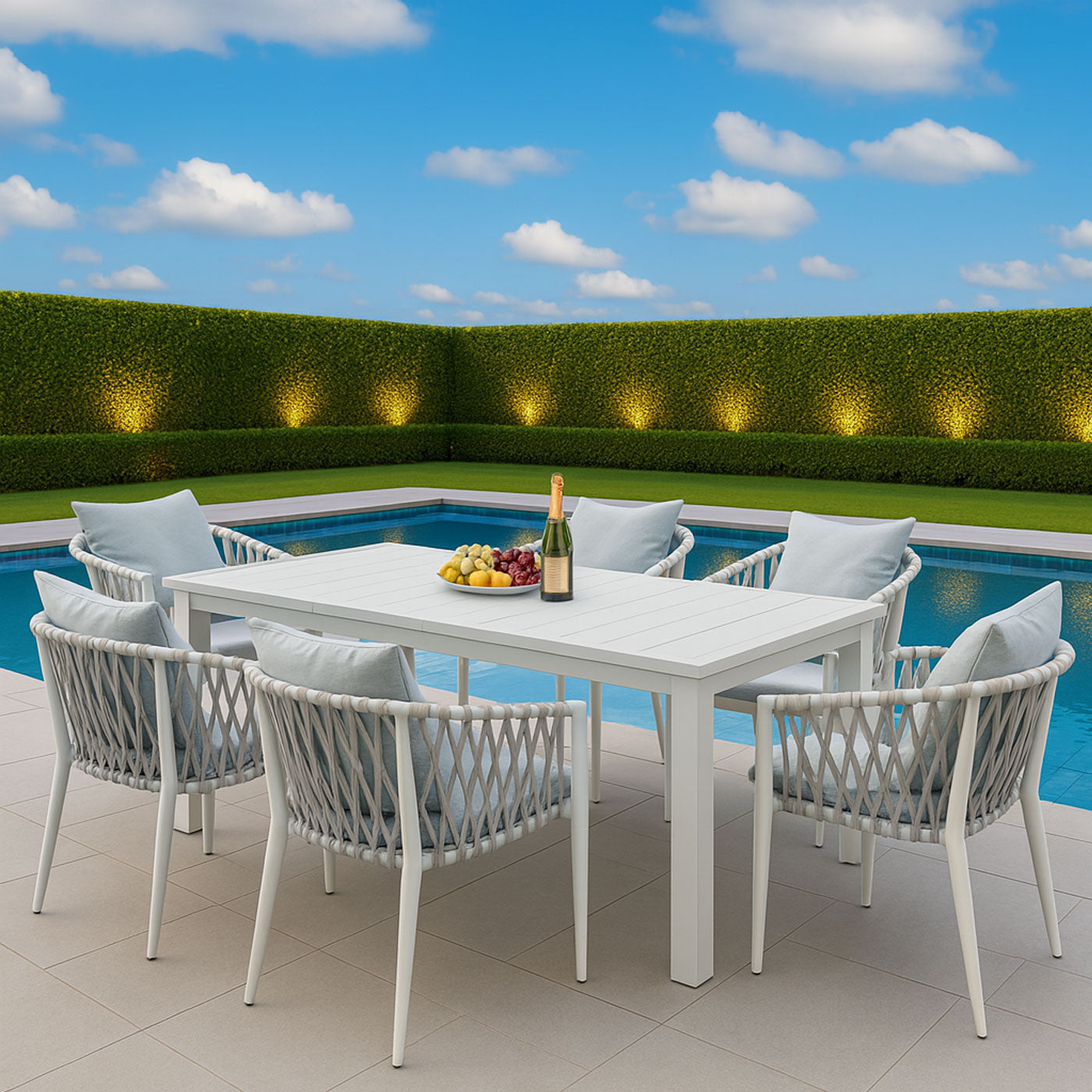 Mornington 7-Piece White Aluminium Outdoor Dining Set - Light Grey Cushion