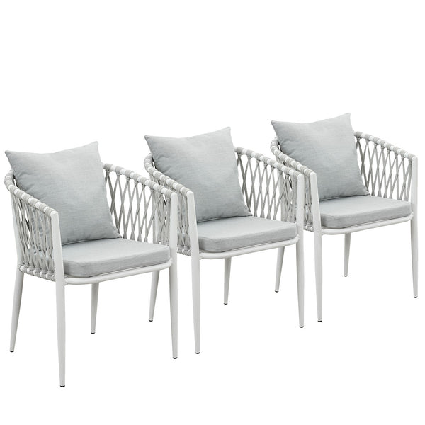 Mornington White Aluminium Outdoor Dining Chairs with Arms - Light Grey Cushion (Set of 3)