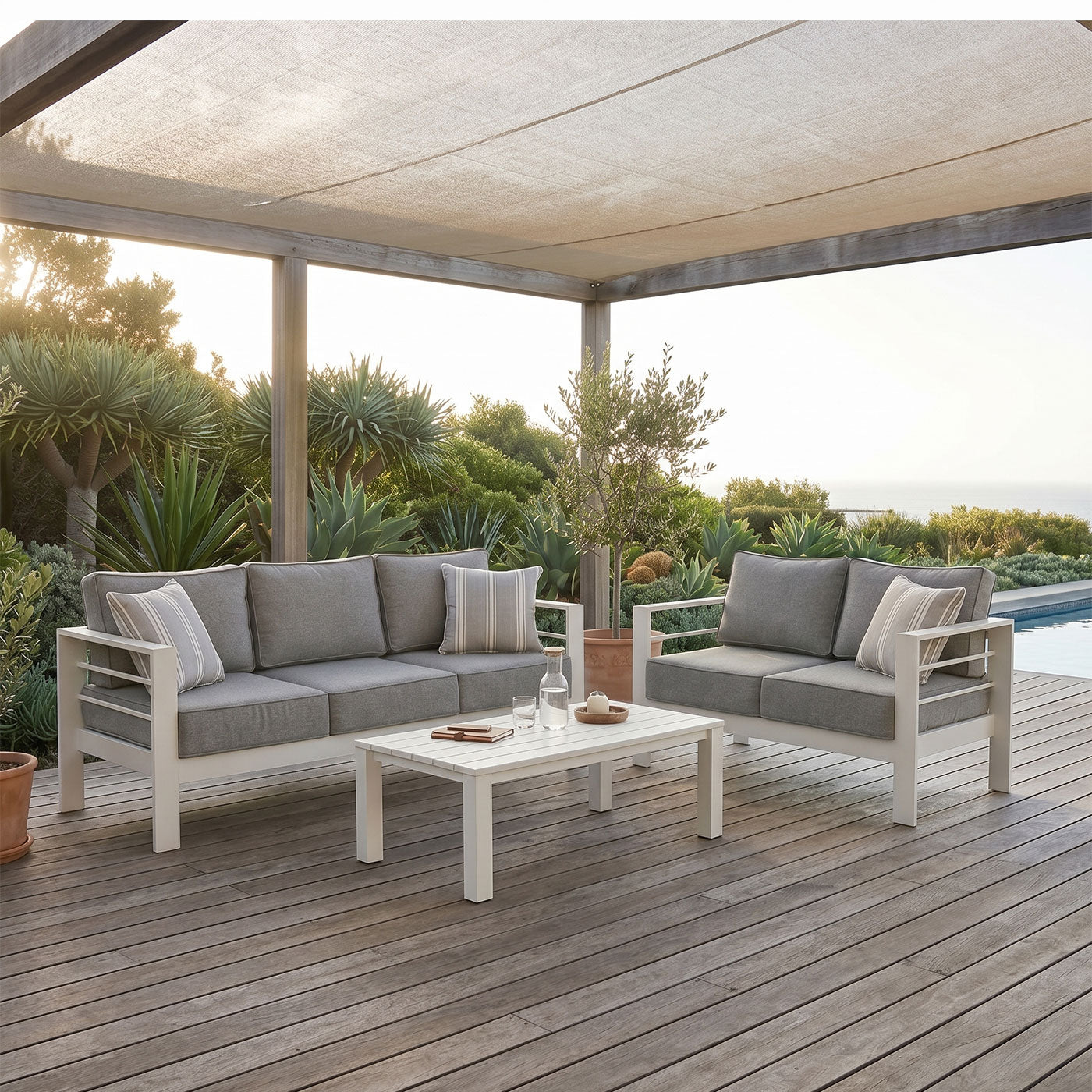 Paris 3+2 Seater White Aluminium Sofa Lounge Suite Set - Textured Grey Cushions