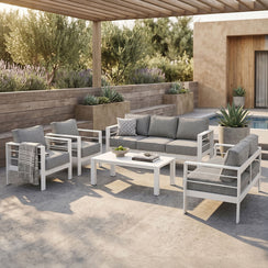 Paris 7 Seater White Aluminium Sofa Lounge Set - Textured Grey Cushions