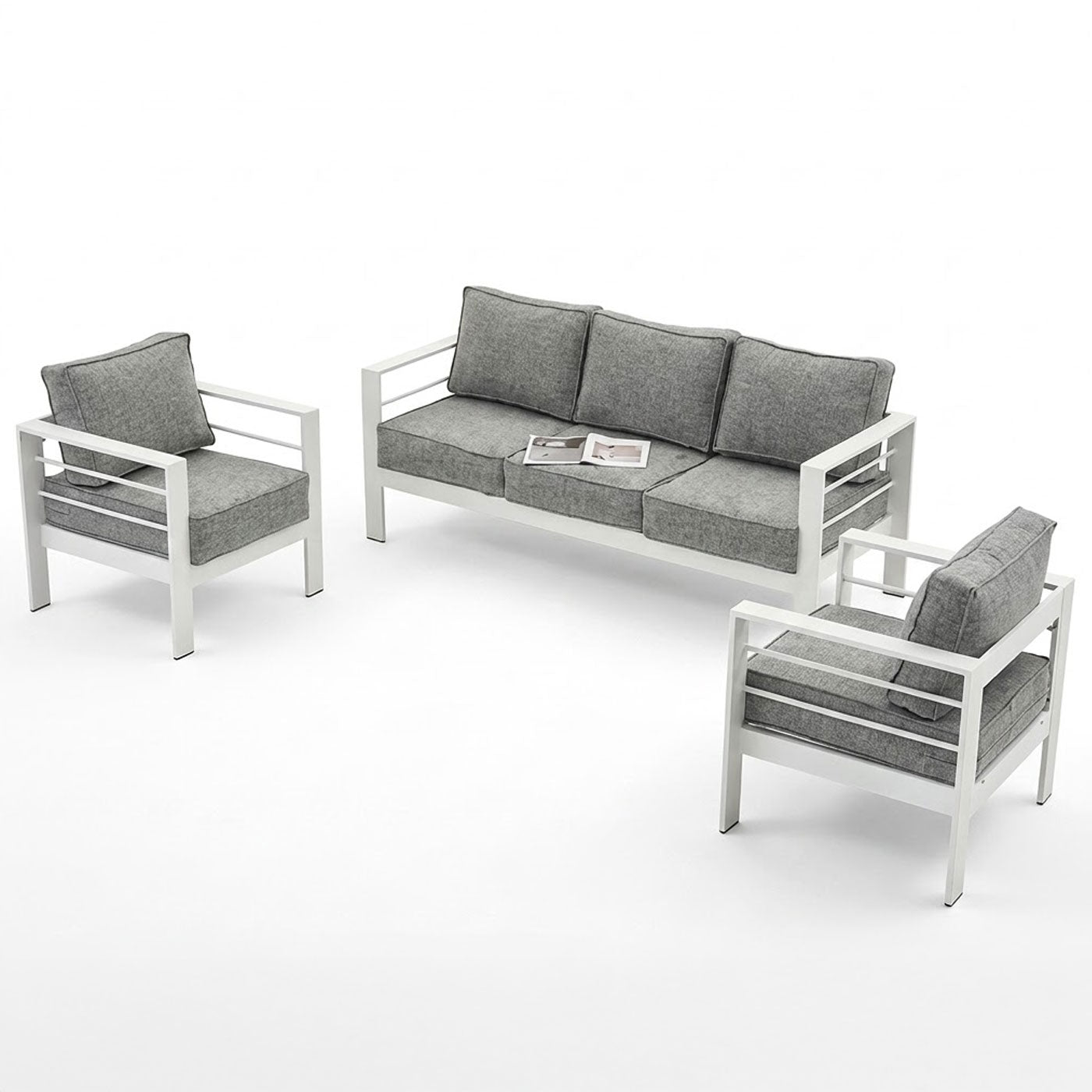 Paris 5 Seater White Aluminium Sofa Lounge - Textured Grey Cushions
