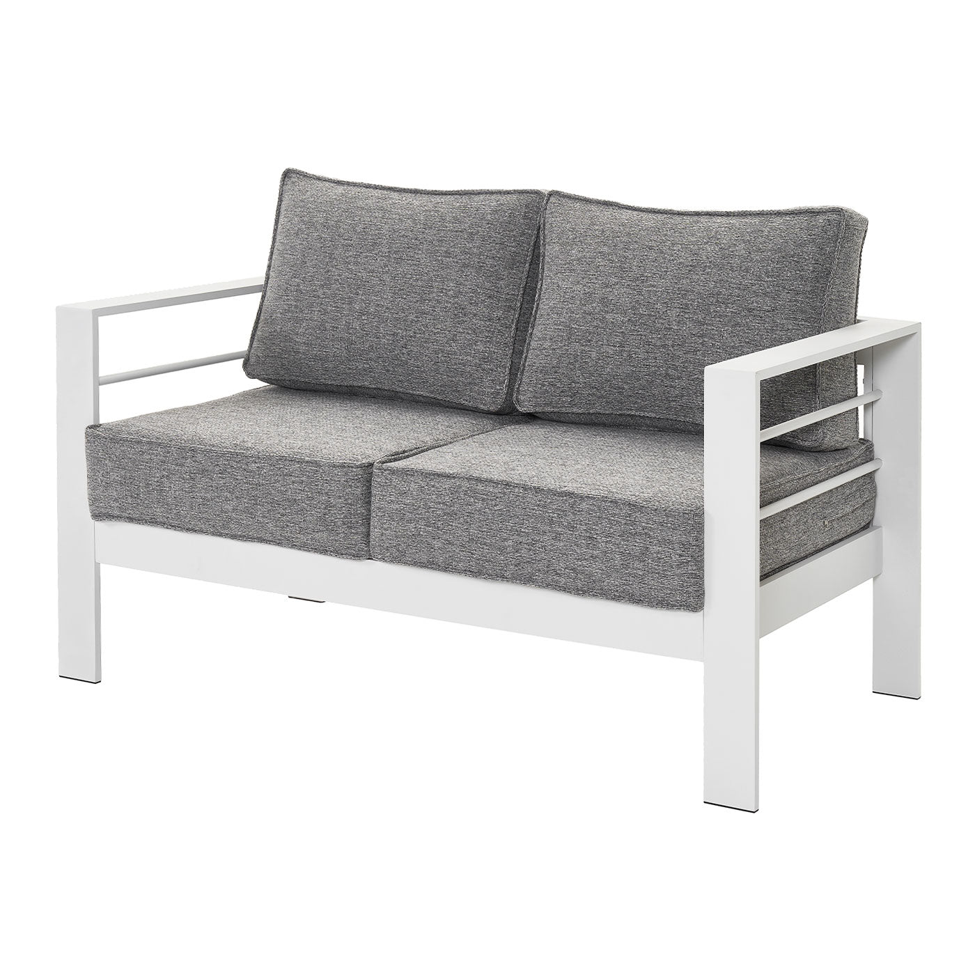 Paris 2 Seater White Aluminium Outdoor Sofa Lounge with Arms - Textured Grey Cushions