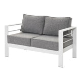 Paris 2 Seater White Aluminium Outdoor Sofa Lounge with Arms - Textured Grey Cushions