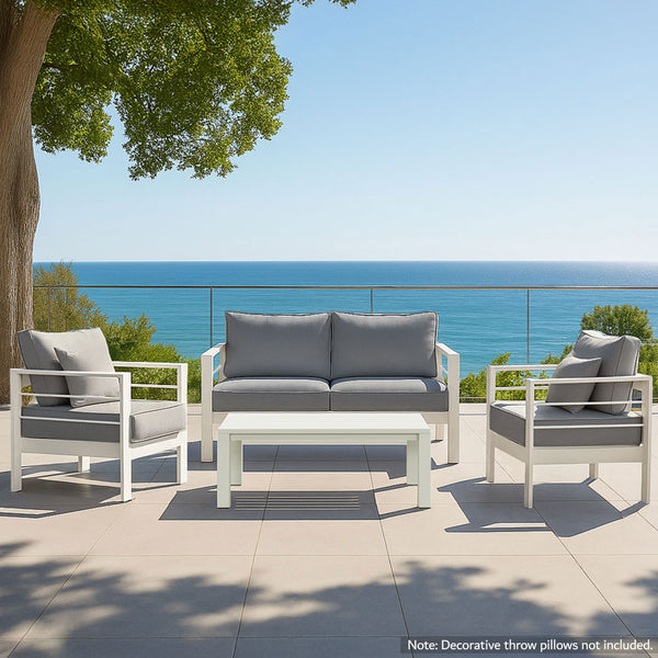 Paris 4 Piece White Aluminium Sofa Lounge Set - Grey Cushion