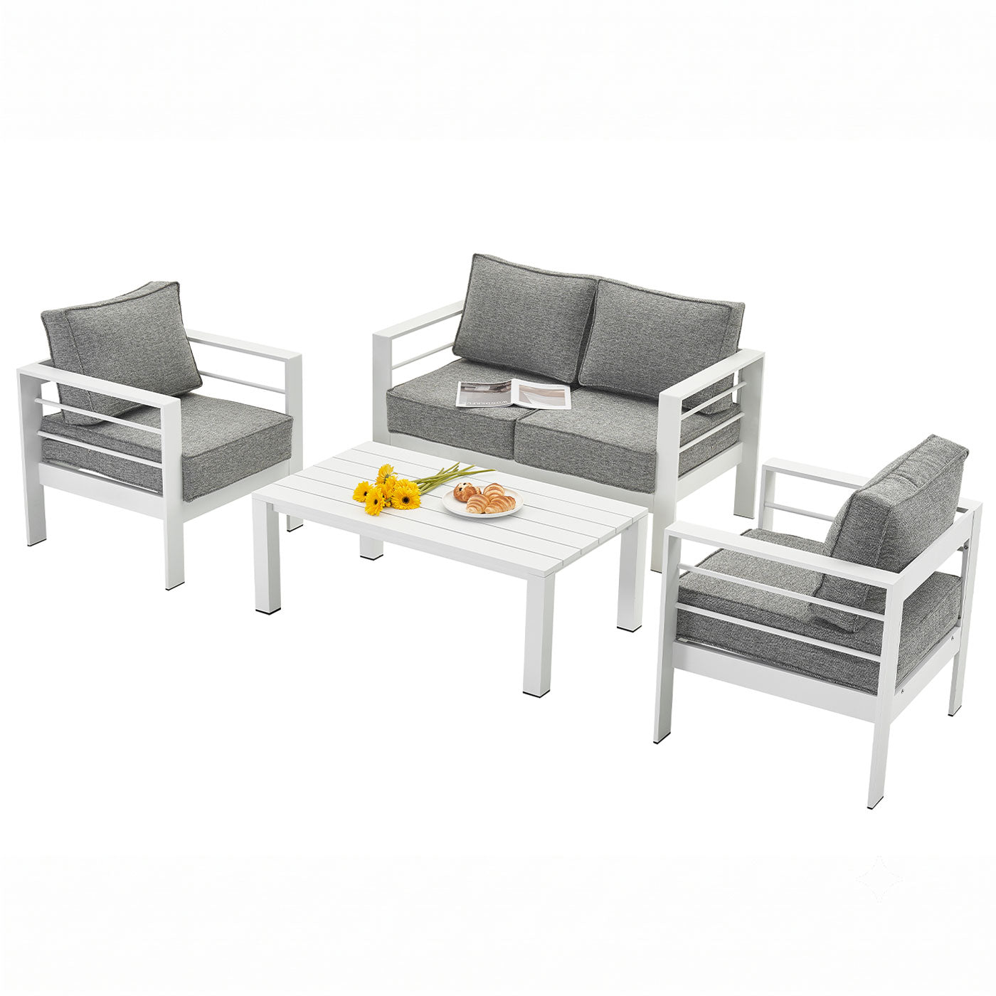 Paris 4 Piece White Aluminium Sofa Lounge Set - Textured Grey Cushions