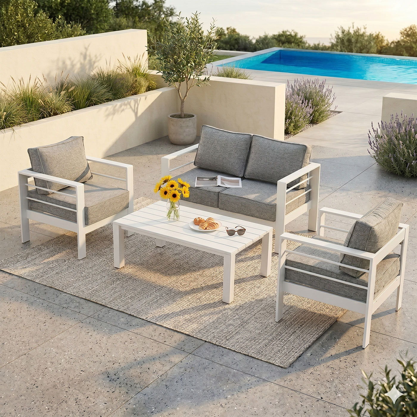 Paris 4 Piece White Aluminium Sofa Lounge Set - Textured Grey Cushions