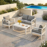 Paris 4 Piece White Aluminium Sofa Lounge Set - Textured Grey Cushions
