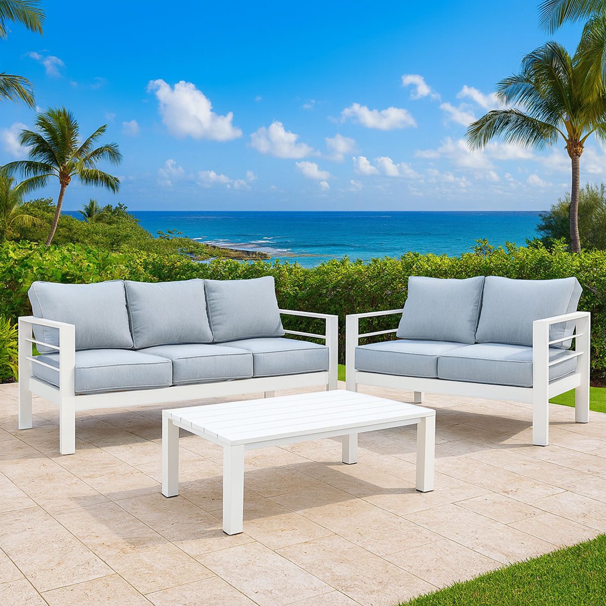 Paris 3+2 Seater White Aluminium Sofa Lounge Suite Set - Light Grey Cushion