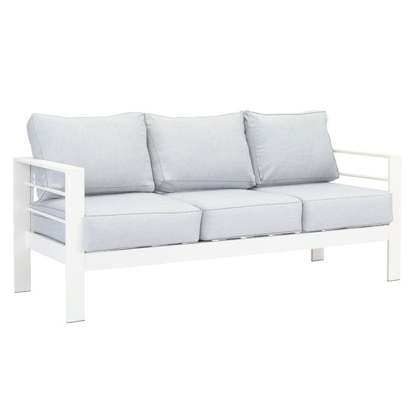Paris 3 Seater White Aluminium Outdoor Sofa Lounge with Arms - Light Grey Cushion
