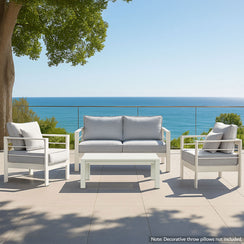 Paris 4 Piece White Aluminium Sofa Lounge Set - Light Grey Cushion