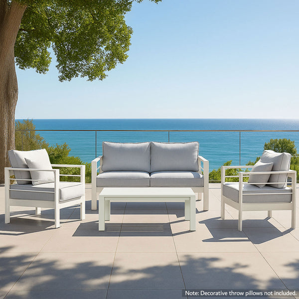 Paris 4 Piece White Aluminium Sofa Lounge Set - Light Grey Cushion