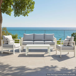 Paris 5 Seater White Aluminium Sofa Lounge Set - Light Grey Cushion