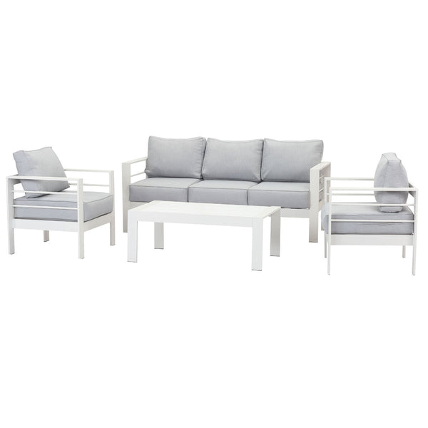 Paris 5 Seater White Aluminium Sofa Lounge Set - Light Grey Cushion