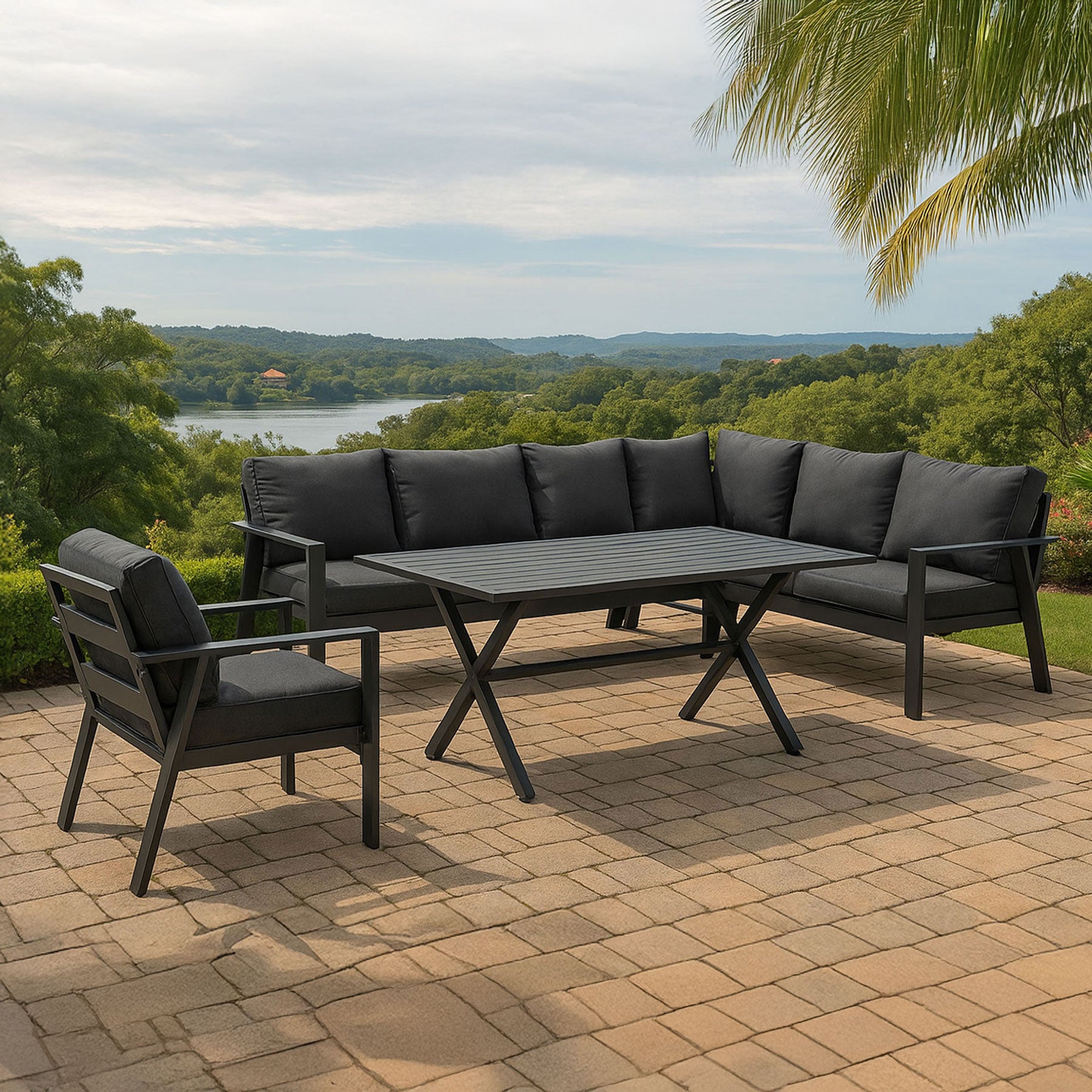Jervis 2-In-1 Charcoal Aluminium L-Shaped Lounge Dining Set - Dark Grey Cushions