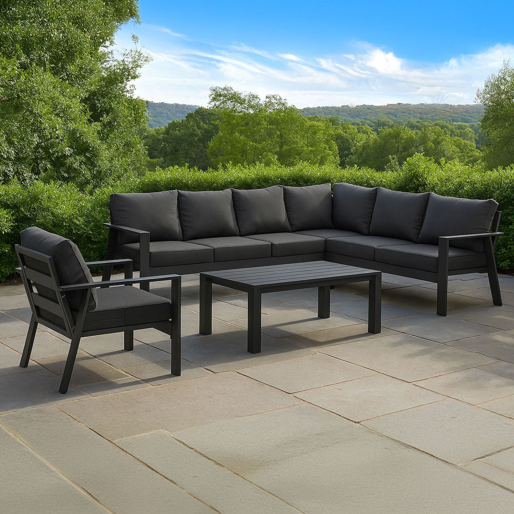Jervis 7-Seater Charcoal Aluminium Outdoor L-Shaped Lounge Set with Coffee Table - Dark Grey Cushions
