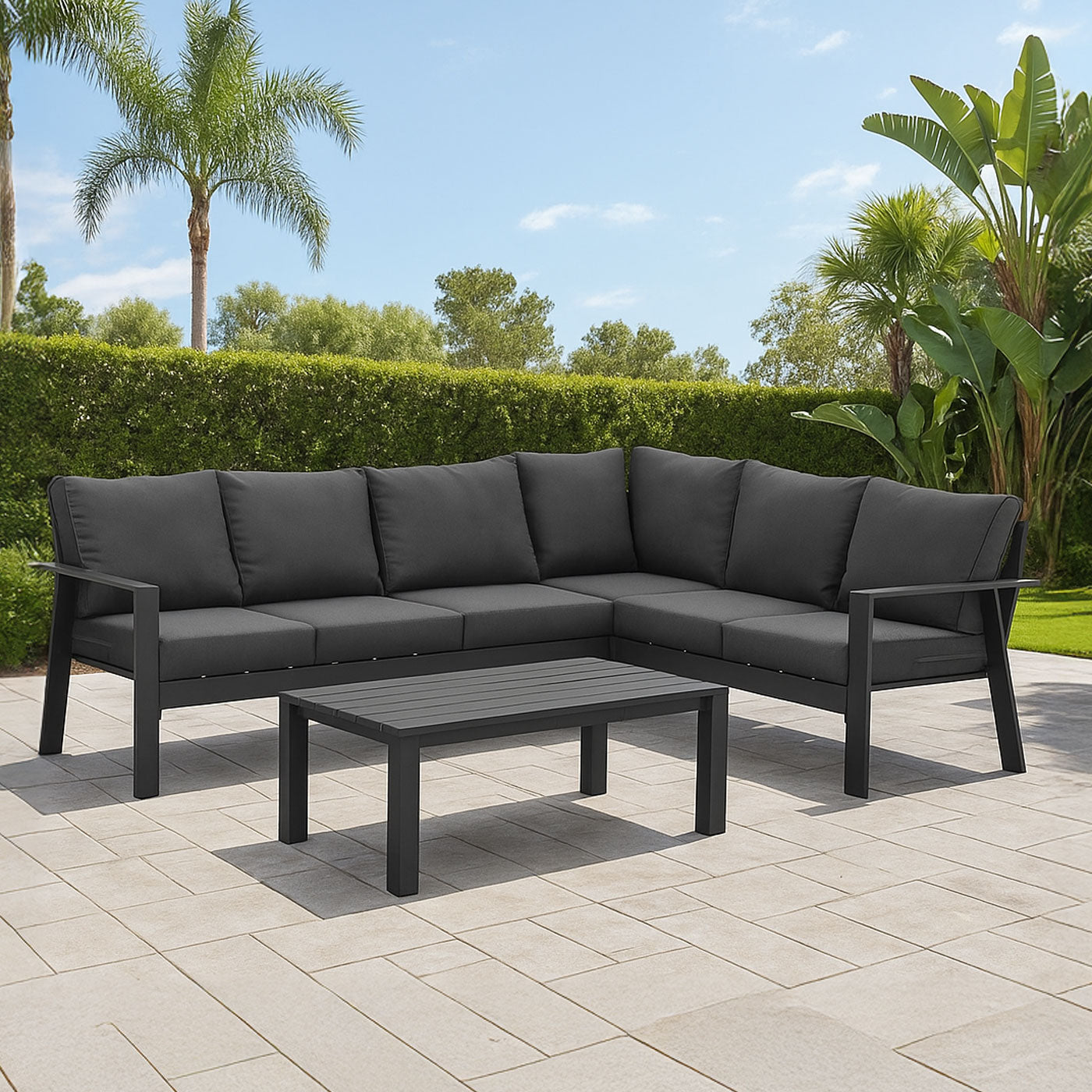 Jervis 6-Seater Charcoal Aluminium Outdoor L-Shaped Lounge Set - Dark Grey Cushions