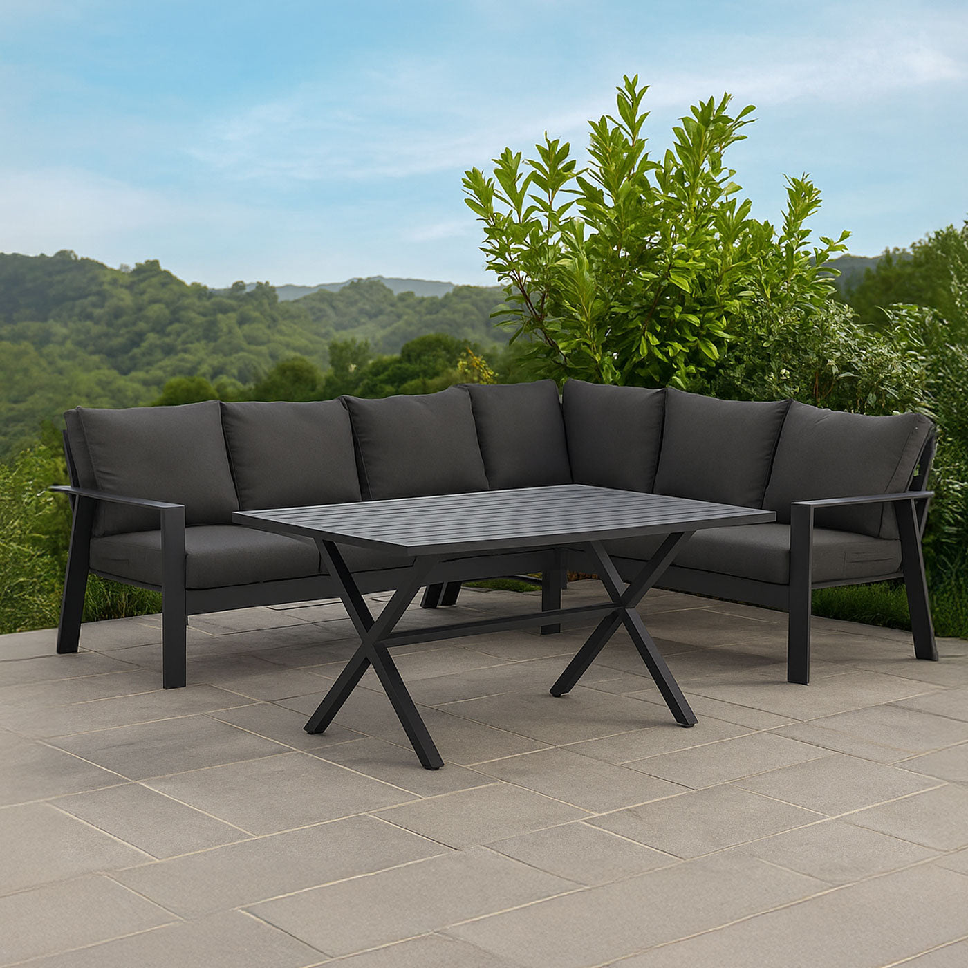Jervis 2-In-1 Charcoal Aluminium L-Shaped Lounge Dining Set - Dark Grey Cushions