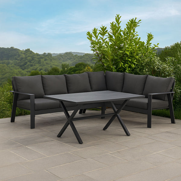 Jervis 2-In-1 Charcoal Aluminium L-Shaped Sofa Lounge Dining Set – Dark Grey Cushions