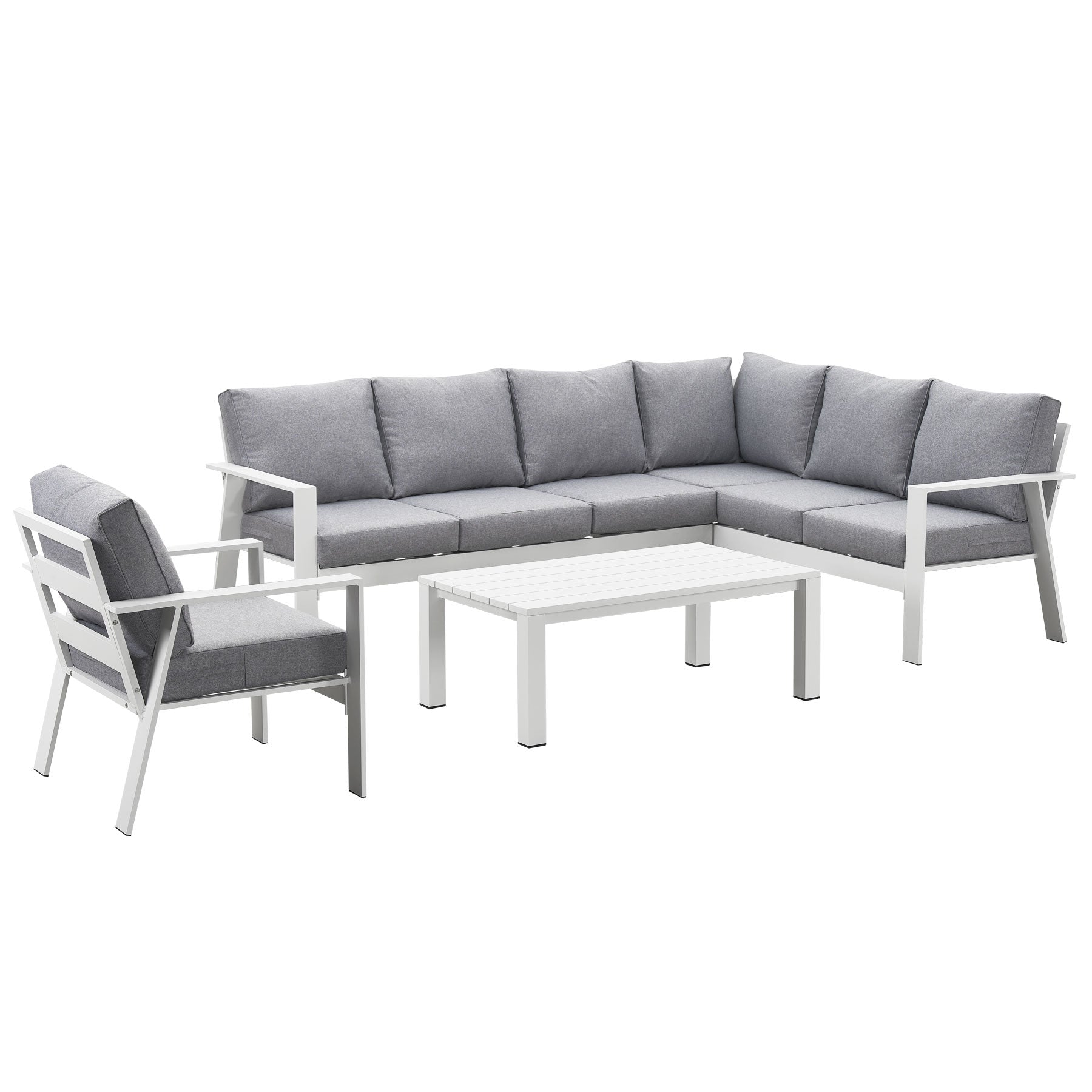 Jervis 7-Seater White Aluminium Outdoor L-Shaped Lounge Set - Pebble Grey Cushions