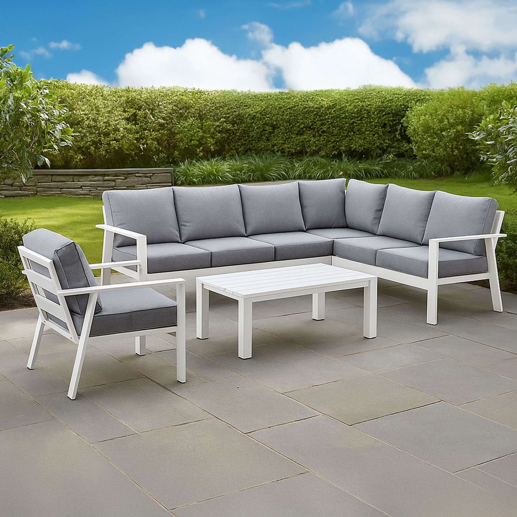 Jervis 7-Seater White Aluminium Outdoor L-Shaped Lounge Set - Pebble Grey Cushions