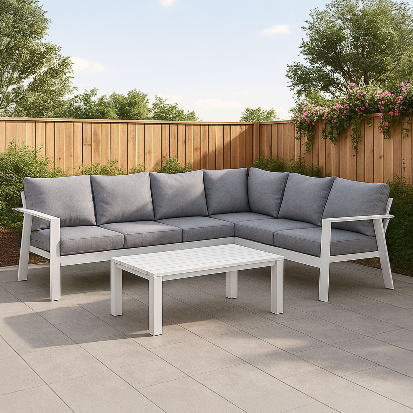 Jervis 6-Seater White Aluminium Outdoor L-Shaped Lounge Set - Pebble Grey Cushions