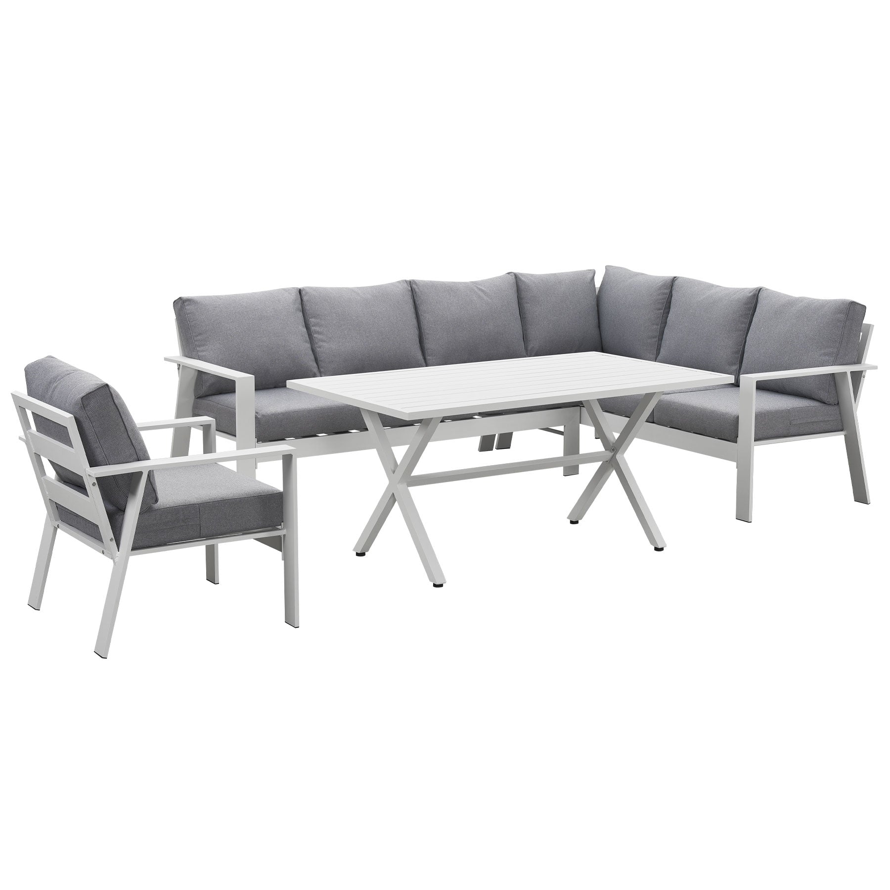 Jervis 2-In-1 White Aluminium L-Shaped Lounge Dining Set with Single Chair - Pebble Grey Cushions