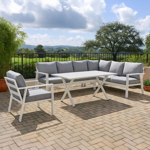 Jervis 2-In-1 White Aluminium L-Shaped Sofa Lounge Dining Set with with Single Chair – Pebble Grey