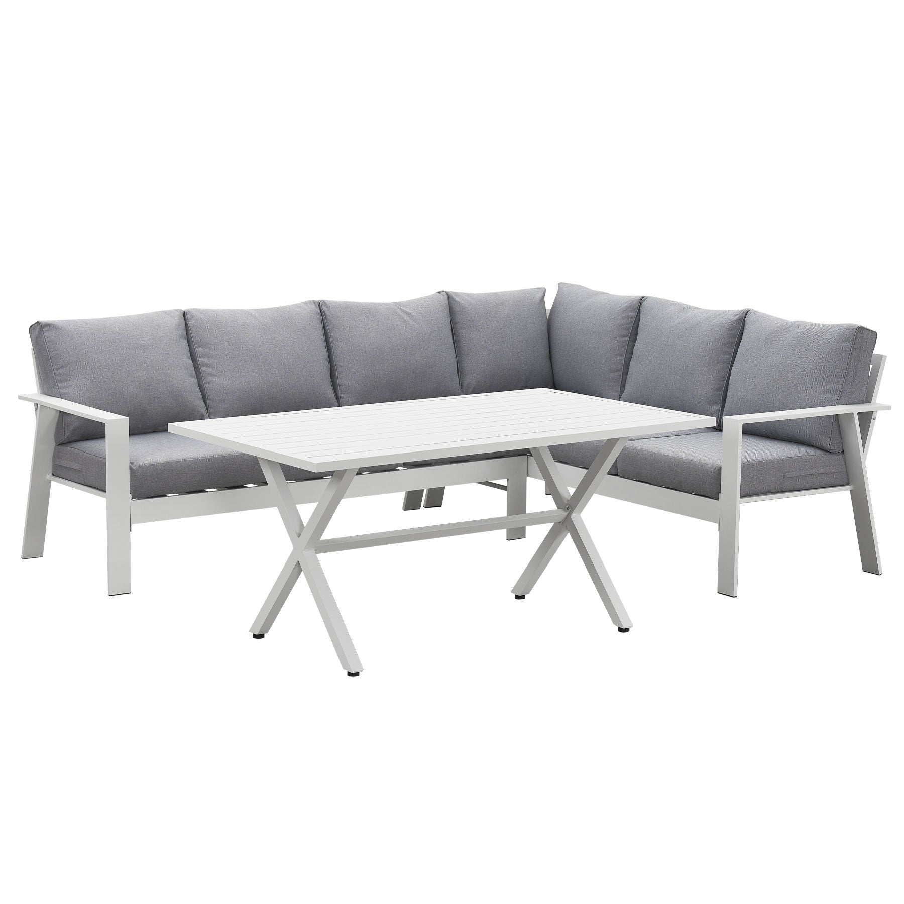 Jervis 2-In-1 White Aluminium L-Shaped Lounge Dining Set - Pebble Grey Cushions